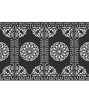 May include: A black metal gate with ornate cut-out designs, including floral patterns and circular centerpieces. The gate is flanked by two black pillars. The design is symmetrical and detailed, suitable for garden or property entry.
