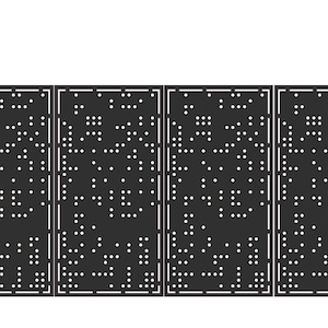 Könnte beinhalten: Ein schwarzes Metalltor mit vier Paneelen, die jeweils ein Muster aus weißen Punkten aufweisen. Das Tor wird von zwei schwarzen zylindrischen Pfosten mit dekorativen Oberteilen flankiert. Das Design ähnelt Blindenschrift.