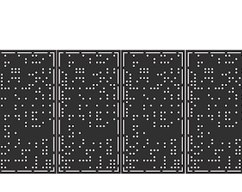 Può includere: Un cancello in metallo nero con quattro pannelli, ciascuno con un motivo di punti bianchi. Il cancello è affiancato da due pali cilindrici neri con sommità decorative. Il design assomiglia al braille.