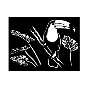 May include: Black and white illustration of a toucan perched on a branch, surrounded by stylized leaves. The bird has a large white beak and a white chest. The artwork is a simple, graphic design.