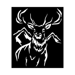 May include: A black and white graphic of a stag with large antlers. The stag's head and shoulders are depicted in a minimalist style, with white lines against a black background. The image evokes a sense of nature and wildlife.