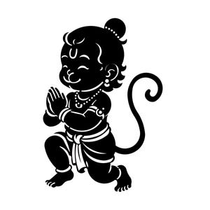 May include: Black silhouette illustration of a kneeling cartoon monkey with hands pressed together in a prayer position. The monkey has a curled tail, jewelry, and a small bun on top of its head. The image is set against a white background.