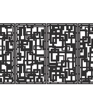 May include: A black metal gate with a geometric design, composed of interconnected squares and rectangles. The gate is flanked by two black cylindrical posts with decorative tops, creating a modern, architectural aesthetic.
