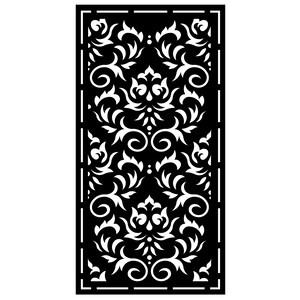 May include: Black and white decorative panel featuring a symmetrical floral design. The panel has a rectangular shape with a detailed pattern of swirling leaves and flowers. The design is cut out, creating a negative space effect.