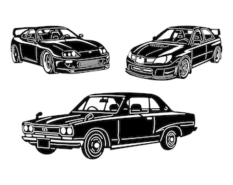 May include: Black and white line art of three classic sports cars. The image features a front-facing view of a Toyota Supra, a Subaru Impreza, and a Nissan Skyline, all in a minimalist style.