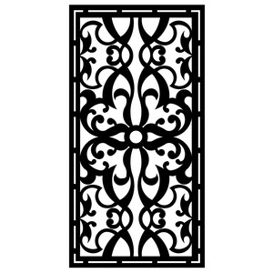 Peut inclure: Panneau décoratif rectangulaire noir avec un motif floral symétrique complexe. Le motif présente des lignes tourbillonnantes et un motif central en forme de fleur, le tout dans un cadre rectangulaire. Le design est noir sur fond blanc.