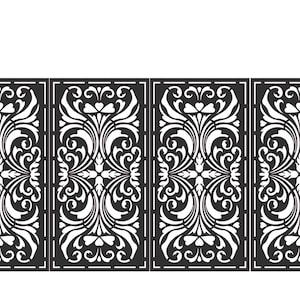 May include: Black wrought iron gate with ornate floral and scrollwork design. The gate is flanked by two black pillars. The gate is divided into four panels, each with a symmetrical pattern.