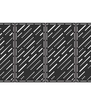 May include: A black metal gate with a decorative design. The gate features four panels with a pattern of diagonal lines and dots. Two black pillars frame the gate, creating a complete outdoor structure.