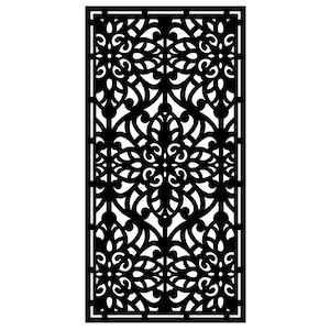 May include: A black, rectangular decorative panel with an intricate, symmetrical floral and scrollwork design. The panel features a repeating pattern of stylized flowers and swirling vines, creating a visually appealing, openwork effect. The design is framed by a simple border.