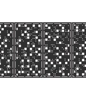 Puede incluir: Una puerta de metal negro con un patrón decorativo de cuadrados y rectángulos blancos. La puerta está flanqueada por dos postes cilíndricos negros con tapas decorativas. Diseñada para uso en exteriores.