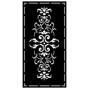 May include: A black rectangular panel with a white, symmetrical floral design. The design features ornate scrollwork and stylized floral elements, framed by a dashed border. The overall aesthetic is elegant and decorative.