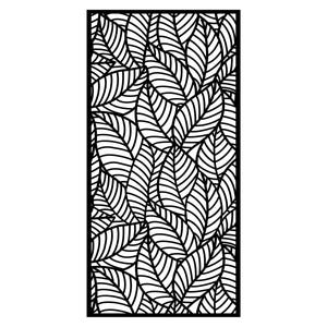 Könnte beinhalten: Schwarze dekorative Platte mit einem sich wiederholenden Muster aus stilisierten Blättern. Die Blätter haben detaillierte Adern und sind in einem sich überlappenden Design angeordnet. Die Platte ist rechteckig und für den Innen- oder Außenbereich geeignet.