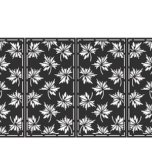 Könnte beinhalten: Ein schwarzes Metalltor mit einem Ahornblattmuster. Das Tor wird von zwei schwarzen Säulen flankiert. Das Design zeigt weiße Ahornblatt-Ausschnitte vor einem dunklen Hintergrund, was einen dekorativen und eleganten Look erzeugt.
