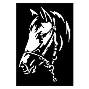 Puede incluir: Gráfico en blanco y negro de la cabeza de un caballo de perfil, con un cabestro con cadena. El diseño minimalista resalta los rasgos del caballo en blanco sobre un fondo negro, creando un contraste llamativo.