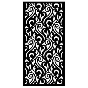 Könnte beinhalten: Schwarze dekorative Platte mit einem sich wiederholenden, wirbelnden, floralen Muster. Das Design zeigt eine Reihe von miteinander verbundenen, stilisierten Kurven und kreisförmigen Elementen, die eine symmetrische und verzierte Ästhetik erzeugen. Die Platte ist rechteckig und für die Innenarchitektur geeignet.