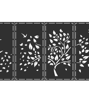 Könnte beinhalten: Ein schwarzes Metalltor mit dekorativen Ausschnitten von Bäumen, Blättern und Vögeln. Das Tor wird von zwei schwarzen Säulen eingerahmt. Das Design zeigt einen Baum und Vögel im Flug und schafft eine von der Natur inspirierte Ästhetik.