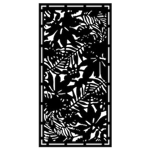 May include: A black, rectangular decorative panel featuring a cut-out design of various tropical leaves and foliage. The leaves are intricately detailed, creating a striking contrast against the white background.