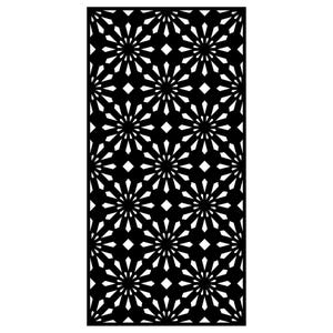 May include: A black, rectangular decorative panel featuring a repeating floral pattern. The design consists of stylized starbursts and diamond shapes, creating a symmetrical and intricate visual texture. The panel is suitable for interior design.