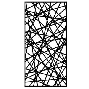 May include: A rectangular black panel featuring a complex geometric design. The pattern consists of numerous intersecting black lines of varying lengths and angles, creating a dense, abstract network against a white background.