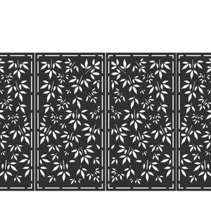 Op de afbeelding: Zwart metalen hek met een bladeren ontwerp. Het hek bestaat uit vier panelen met een herhalend patroon van witte bladeren. Twee zwarte pilaren omlijsten het hek en creëren een decoratieve entree.