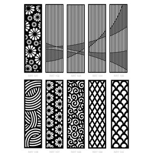 Puede incluir: Una colección de paneles decorativos negros con varios diseños recortados. Los diseños incluyen patrones florales, líneas verticales, formas geométricas y patrones de remolinos. Cada panel es rectangular y está etiquetado con un código.