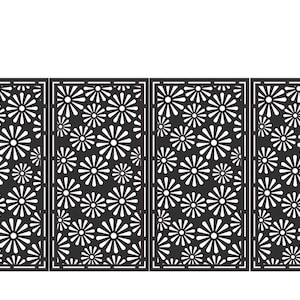 May include: A black metal gate featuring a floral design. The gate comprises four panels with a repeating pattern of white flowers. Two black pillars frame the gate, creating a decorative entrance.
