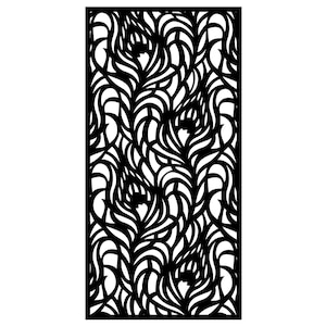 May include: Black decorative panel with a repeating floral pattern. The design features stylized, curved lines and leaf-like shapes, creating a symmetrical and artistic visual. The panel is rectangular and suitable for interior design.