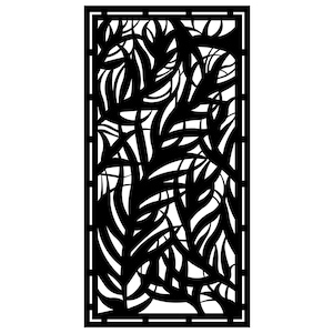 May include: Black decorative panel with a rectangular frame. The panel features a cut-out design of stylized leaves and branches, creating a pattern of negative space. The leaves have a flowing, organic shape, and the overall design is symmetrical.