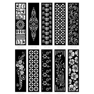 May include: A collection of black and white decorative panels featuring intricate cut-out designs. The panels showcase various patterns, including floral, geometric, and abstract motifs. Each panel is rectangular and has a unique design, suitable for home decor or craft projects.