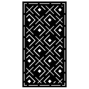 May include: Black decorative panel with a geometric pattern of intersecting lines, diamonds, and squares. The design is symmetrical and framed by a border. The negative space creates a striking contrast.