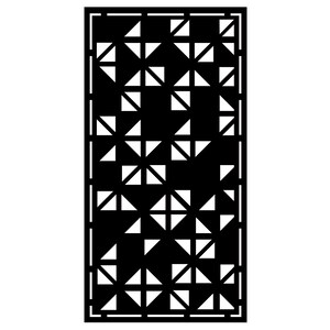 May include: Black rectangular panel with a geometric pattern of white triangles and squares. The design is symmetrical, with the white shapes arranged against a black background, creating a modern, abstract look. The panel has a thin black border.