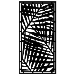 May include: A black rectangular decorative panel featuring a stylized palm leaf design. The leaves are depicted with overlapping lines, creating a geometric pattern. The panel has a clean, modern aesthetic, suitable for interior or exterior decor.