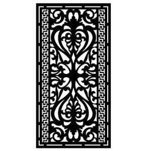 May include: Black rectangular decorative panel with an intricate, symmetrical design. The panel features a central floral motif surrounded by swirling patterns and a Greek key border. The design is cut out, creating a negative space effect.