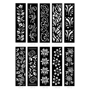 May include: A collection of ten black rectangular panels with intricate white floral and abstract designs. Each panel features a unique pattern, including flowers, vines, and swirling shapes. The panels are labeled with the text "RRT" followed by a number.