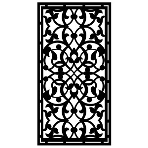 May include: Black decorative panel with an intricate, symmetrical floral design. The panel features a rectangular frame with a repeating pattern of swirling leaves and circular elements, creating a visually complex and elegant aesthetic.