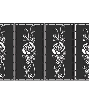 May include: Black metal gate with four panels, each featuring a white rose design. The gate is flanked by two black pillars. The rose design includes leaves and stems, creating an elegant, decorative element.