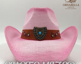 Sombrero de paja rosa unisex para hombre y mujer, estilo vaquero de rodeo occidental, para playa y sol.