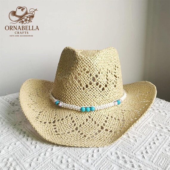 Vintage Western Cowboy Hat Decorative Band Unisex Wide Brim Straw Sun Hat Vintage Cowboy Hat Western Style with Decorative Band  main image 3