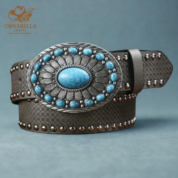 Western Cowgirl PU Leather Belt with Turquoise Oval Buckle UTOWO Women Western-Turquoise-Belt Embossed-PU-Leather  main image 4