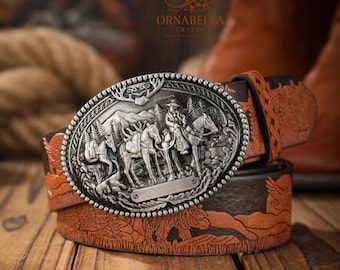 Leder-Westerngürtel: Geprägtes Design, Longhorn-Schnalle (Unisex)