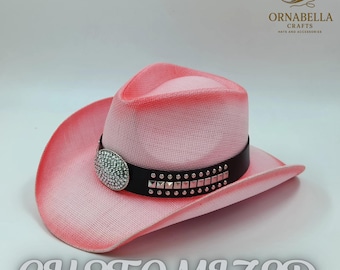 Sombrero de paja rosa unisex para hombre y mujer, estilo vaquero de rodeo occidental, para playa y sol.
