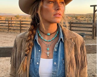 Western Cowgirl Boho Layered Turquoise Bull Skull Necklace for Women
