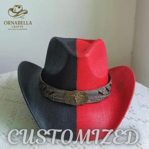 Women And Men Unisex Western Rodeo Cowboy Black and Red Straw Hat Beach Sun Hat