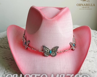 Sombrero de paja rosa unisex para hombre y mujer, estilo vaquero de rodeo occidental, para playa y sol.
