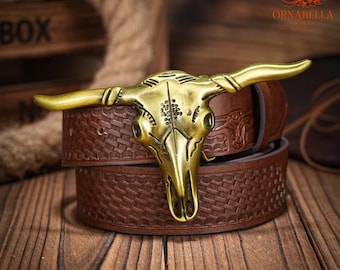 Western Leather Belt with Interchangeable Longhorn Buckle Unisex Classic Style Men main image 4