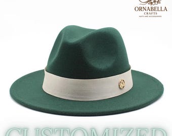 Emerald Fedora Hat, Wide Brim, Gold Accent (Custom Sizes)