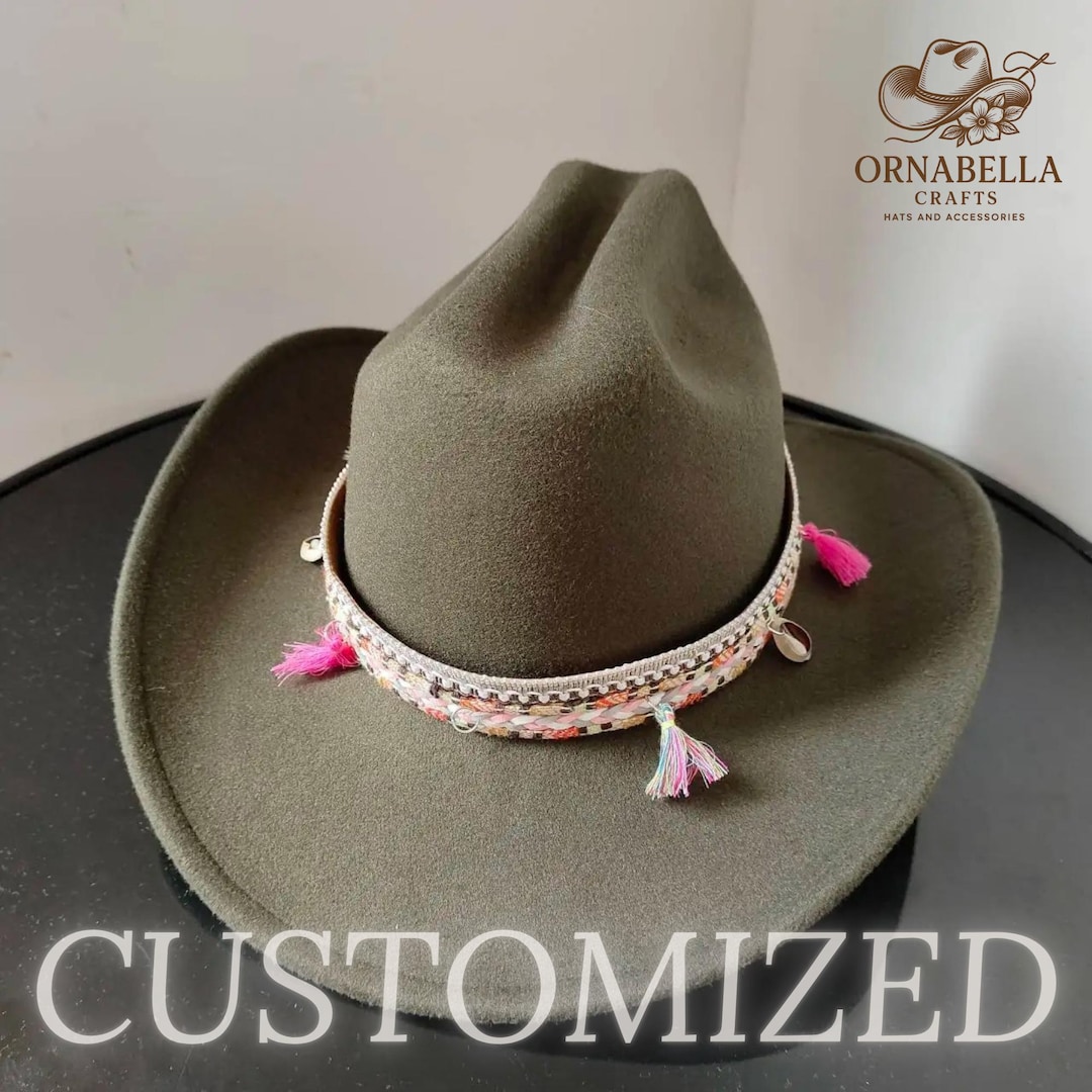 Chic Olive Green Cowgirl Hat with Brown Band Olive Green Cowboy Hat: Western Style With Boho Braided Band  main image 2