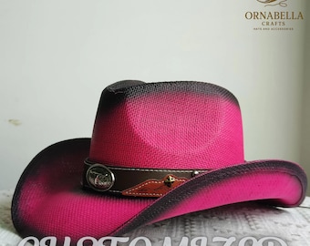 Sombrero de paja rosa unisex para hombre y mujer, estilo vaquero de rodeo occidental, para playa y sol.