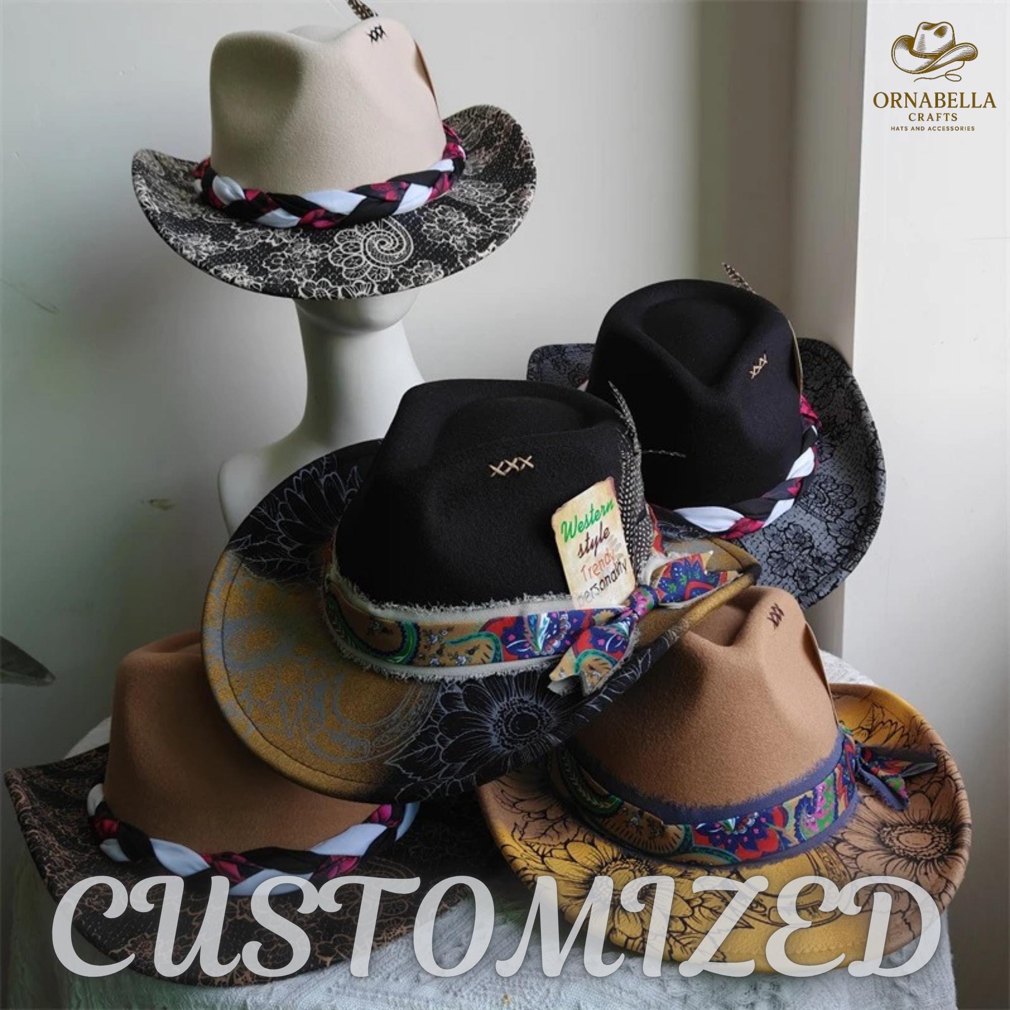Midnight Bloom Cowboy Hat: Black Floral Embroidered, Braided  display picture 2