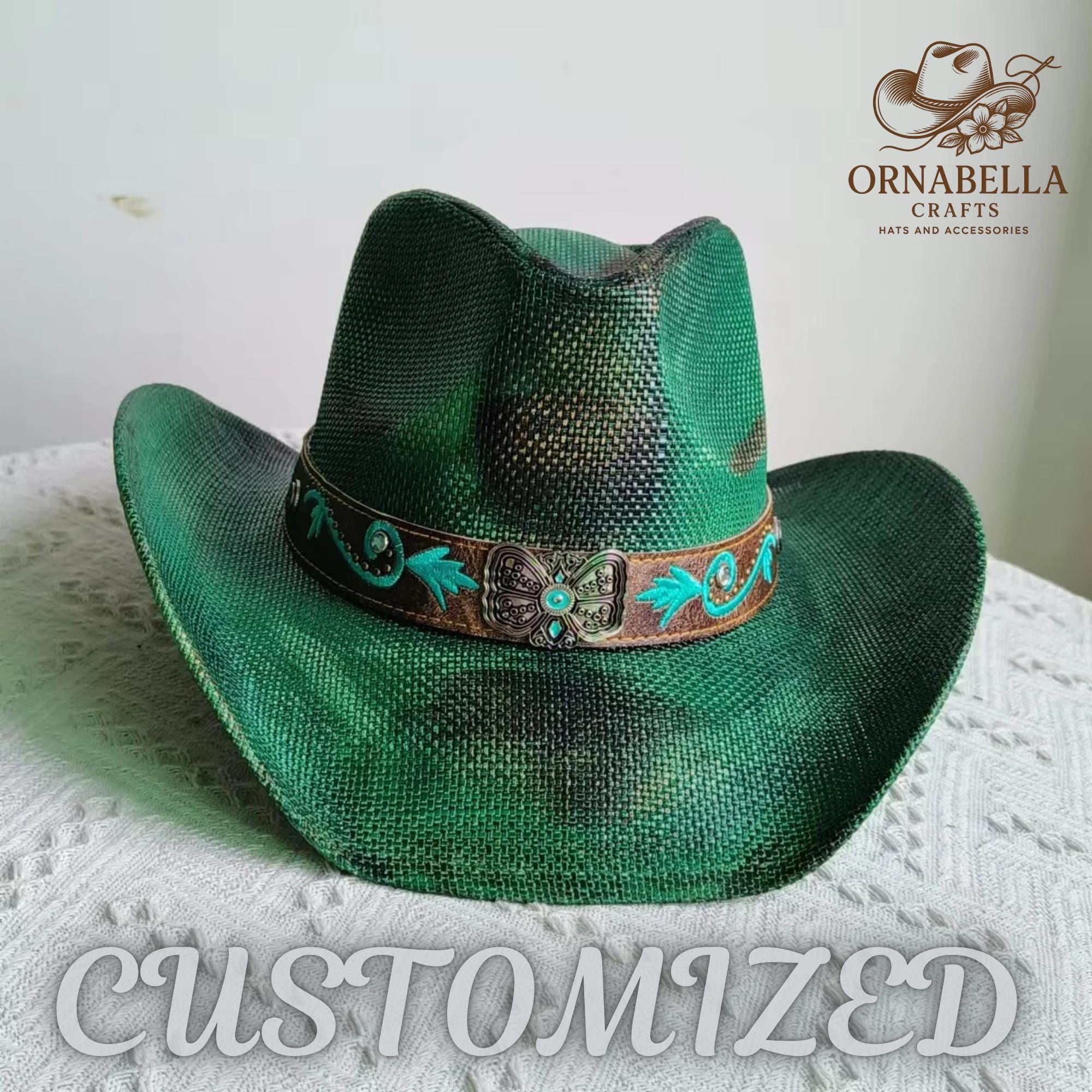 Embroidered Blue and Green Women\'s Cowgirl Hat Embroidered Floral Hollow Straw Western Cowboy Hat C0824 – Ole main image 4